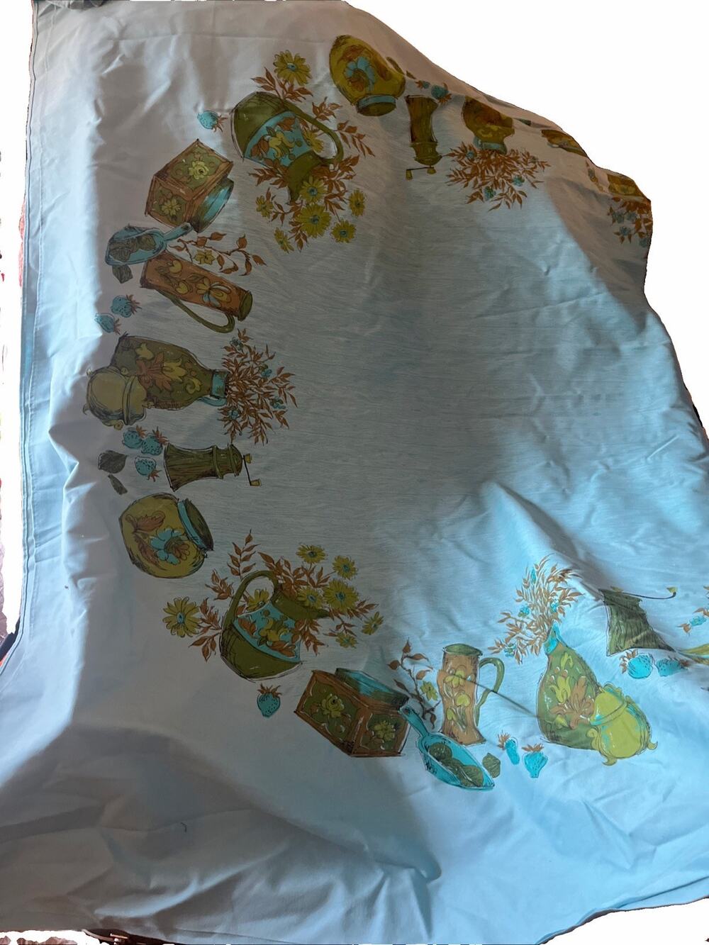 Vintage 1960s Tablecloth Turquoise Green Kitchen Farmhouse 58x78